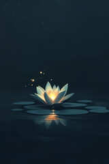 A minimalist and tranquil illustration of a glowing lotus flower blooming in a calm pond, representing mindfulness, peace, and the power of mental wellness.