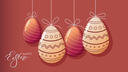 Happy Easter Greeting Card. Easter Egg decorated with ornament pattern, against same on the background and Hand Lettering Easter word. Horizontal Banner, Cover, or Website Header.