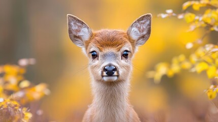 Fototapeta premium Fawn portrait, autumn forest, yellow leaves, wildlife