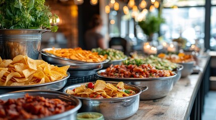 Obraz premium Presenting a variety of meat and vegetable dishes in a restaurant buffet setting