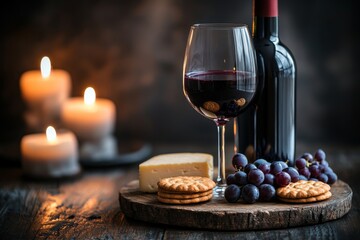 A wooden table with a bottle of red wine and cheese, illuminated by candlelight