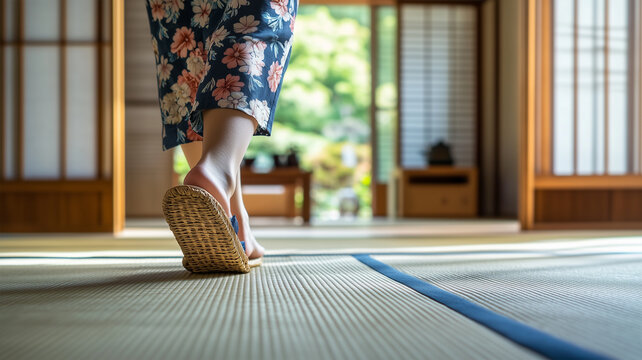 伝統的な畳と和柄の草履スリッパ