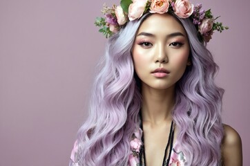 Fototapeta premium Beautiful confident photo model showcases vibrant makeup against a pastel color background in a studio setting, people and skincare, fashion theme concept. 
