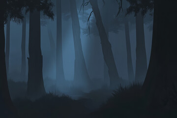 A dark, moody forest with tall, slender trees disappearing into thick fog. The subtle light filtering through the mist creates an eerie and mysterious atmosphere, perfect for storytelling, fantasy, or