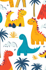 A fun and engaging pattern featuring colorful dinosaurs with friendly expressions, playfully scattered among palm trees and volcanoes. The bold outlines and bright hues make it a perfect design for
