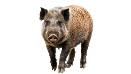 Wild boar walking on white background in nature