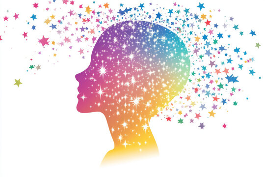 A colorful illustration of a person with their head surrounded by gentle, glowing stars, symbolizing the importance of mental health awareness and balance.