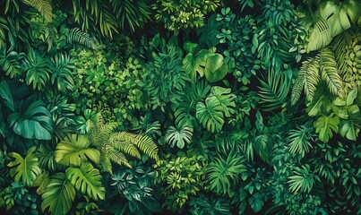 Fototapeta premium A thick green expanse of tropical flora, showcasing ferns, philodendrons, and other abundant greenery.