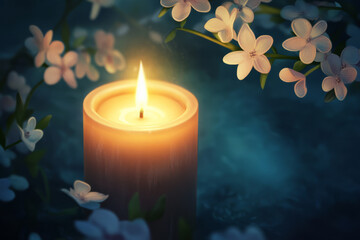A peaceful illustration of a candle glowing in the dark, surrounded by soft, delicate flowers, symbolizing remembrance and emotional healing during grief.