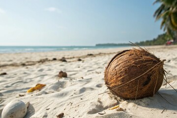 Tropical coconut washed ashore on a sandy beach