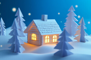 Naklejka premium A cozy winter cabin made entirely from folded paper, surrounded by layered paper pine trees, softly falling snow, and glowing window cutouts.
