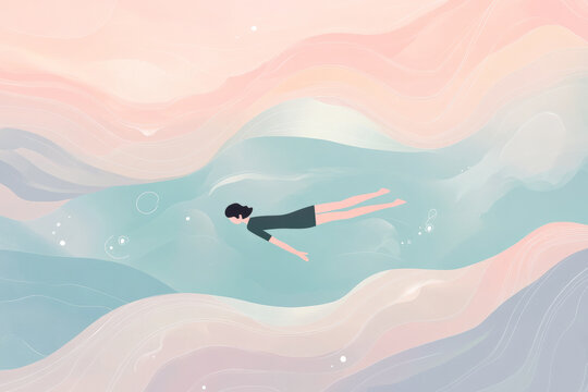 A soft, dream like illustration of a person floating in a peaceful sea, surrounded by calming waves and soft colors, promoting the mental clarity that mindfulness offers.