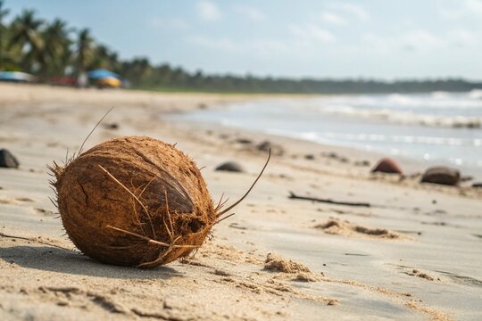 Tropical coconut washed ashore on a sandy beach