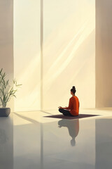 A tranquil digital painting of a person practicing mindfulness in a serene, minimalist space, with soft sunlight illuminating their surroundings, promoting a clear mind.