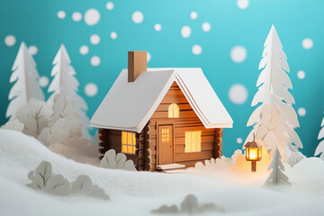 A charming paper cut winter cabin, with delicate layers of paper snow falling gently around it and a glowing paper lantern by the door.