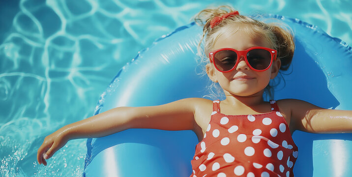 Funny photo of baby girl swimming with fun on inflatable swim ring in clear aqua park pool. Top view. Healthy family lifestyle, children with parents outdoor water sports activity on summer holidays.