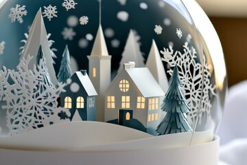 A beautifully crafted paper snow globe featuring a tiny winter village, delicate paper snowflakes, and a layered night sky.