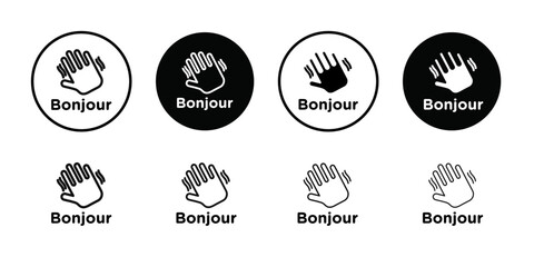 Bonjour text with hand wave icon Thin line flat illustration © Petsscouts