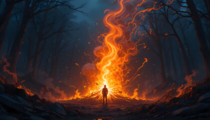 Someone standing in front of massive fire place in the jungle woods. Burned down