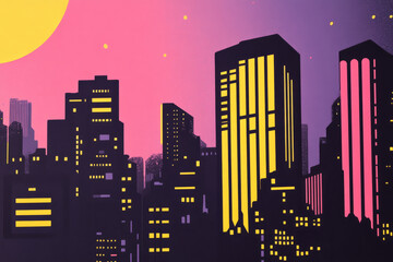 Naklejka premium A stylized risograph portrait of a city skyline at night, featuring bold contrasting colors, halftone shadows, and glowing windows.
