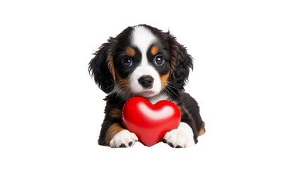 Cute puppy with red heart during playful moment