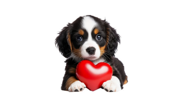 Cute puppy with red heart during playful moment