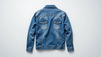 A blue denim jacket is displayed from the back, emphasizing its classic design and details, suitable for fashion advertisements or clothing retailers.