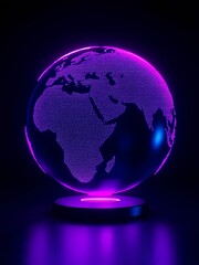 Digital globe representation illuminated with vibrant colors, showcasing continents and dots against a dark background