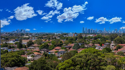 Aerial Drone view looking down on Commercial Suburb of Burwood in Sydney residential houses in...