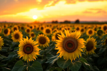 A vast sunflower field under a deep orange sunset, with the wind gently moving the golden petals in unison.