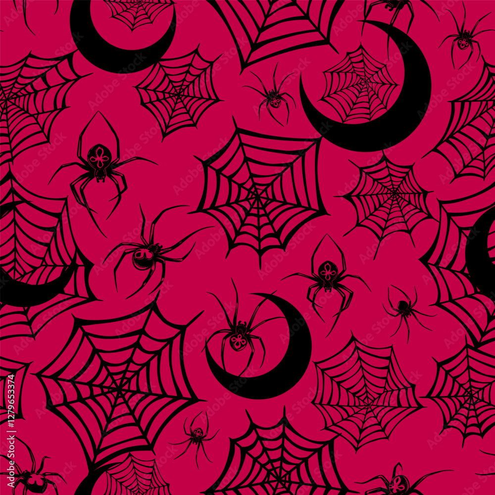 Canvas Prints seamless illustration black web and spiders with crescent moons on red background