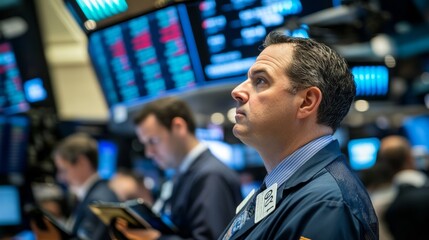 Fototapeta premium Stock trader looking at market data screens