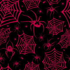 Seamless illustration red web and spiders on black background