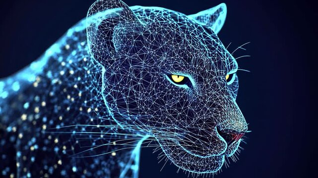 Abstract digital illustration of a leopard's head, glowing blue, composed of interconnected lines and dots.