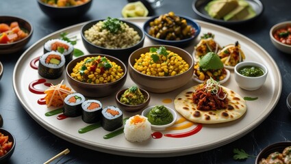 Culinary World Tour: A Global Tapas Platter or Fusion Dish Featuring Flavors from Japan, Italy, Mexico, India, and France