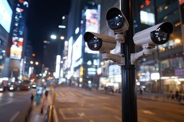 An array of security cameras captures the lively essence of a busy nighttime urban environment, filled with neon lights and animated city life.