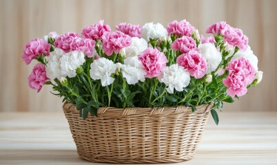 Pink and white carnations in a wicker basket placed on a light wooden table.