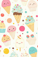 A delightful pattern featuring smiling ice cream cones, cupcakes, and candy with pastel backgrounds. The cute and colorful elements make it a fun and playful design for kids.
