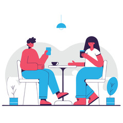 Restaurant, Food and Drink Related Vector Illustration. Two friends enjoying a coffee date in a cafe flat design
