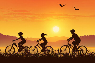 A warm illustration of a family enjoying a bike ride together, with the sun setting in the background, promoting fitness and family time as essential elements of well being.
