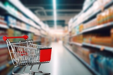 A shopping cart and store shelfs in a supermarket
