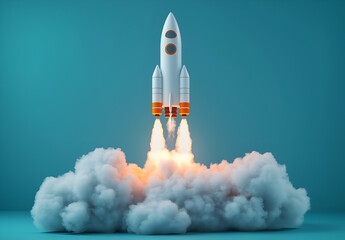 Naklejka premium 3D rendering of a white rocket with orange accents taking off from clouds, isolated on a pastel blue background.