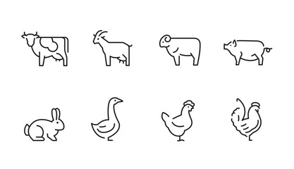 Farm icons. Set of 8 trendy minimal farm icons. Examples include Pig, Cow, Chicken, Rabbit icon. Design signs for web page, mobile app, and agricultural product packaging. Vector illustration