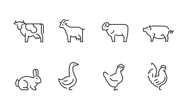 Farm icons. Set of 8 trendy minimal farm icons. Examples include Pig, Cow, Chicken, Rabbit icon. Design signs for web page, mobile app, and agricultural product packaging. Vector illustration