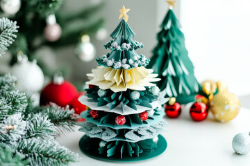 A handcrafted holiday centerpiece made entirely of layered cut paper trees and festive decorations.