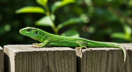 Fototapeta premium Vibrant green lizard basking in the sun on a weathered wooden fence