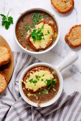 Traditional French Onion Soup with Cheese Croutons.top veiw