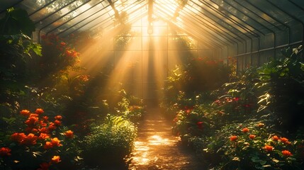 Obraz premium Technologically Advanced Greenhouse Illuminated by Radiant Sunlight and Vibrant Red Accents
