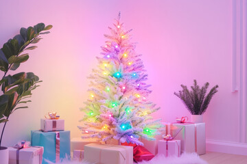 A cozy holiday room scene with a Christmas tree decorated in neon and pastel rainbow lights, casting a soft glow over wrapped presents.
