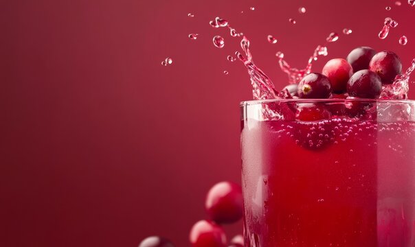 Cranberry juice splash with cranberries in air, bold red banner for a tart, refreshing drink